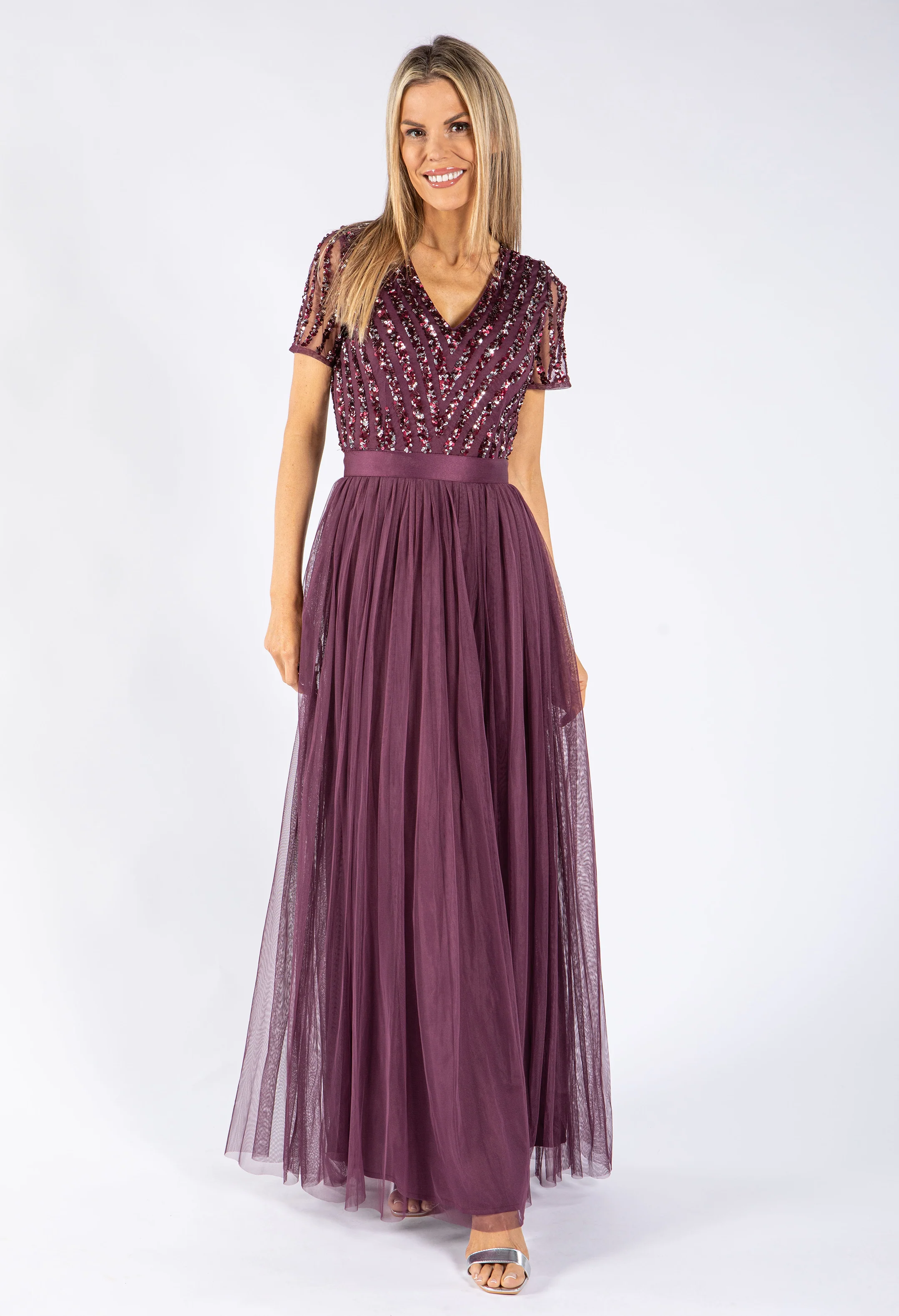 Berry V NECK SEQUIN AND TULLE DRESS WITH TIE WAIST - Image 4