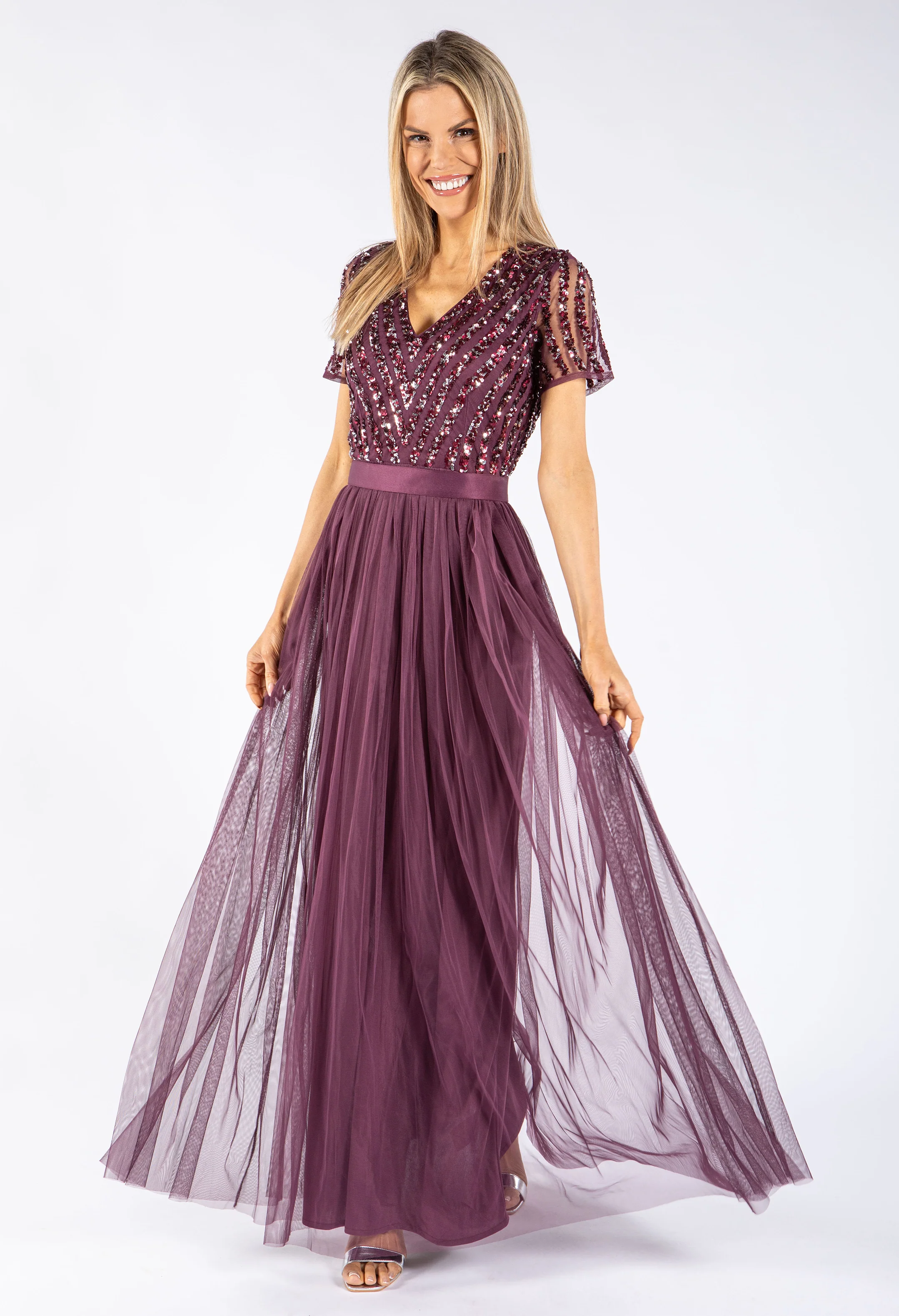 Berry V NECK SEQUIN AND TULLE DRESS WITH TIE WAIST - Image 6