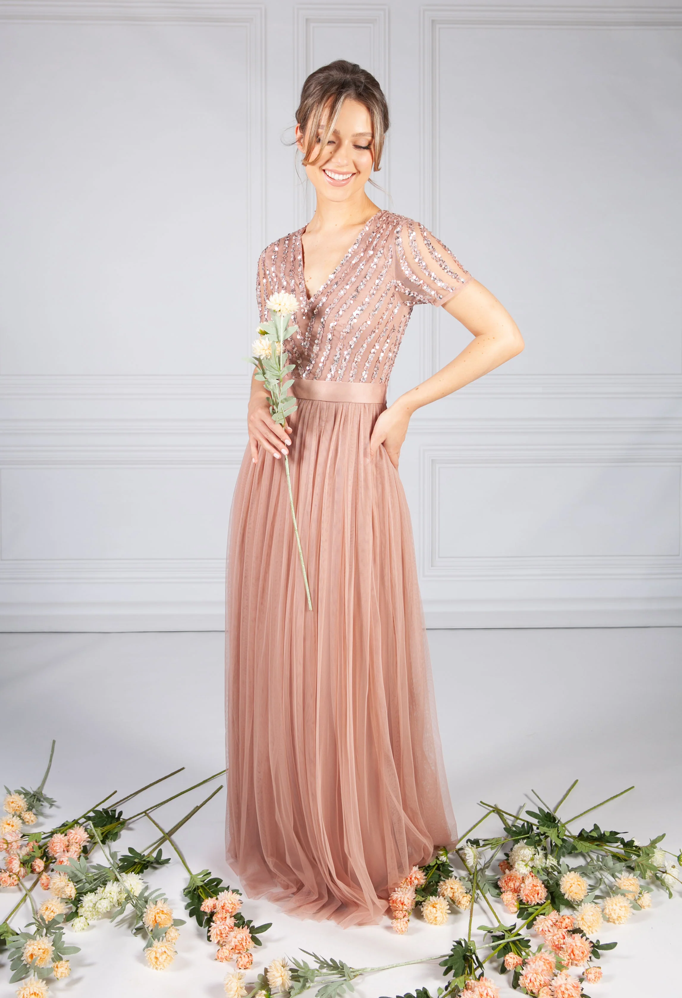 Blush V Neck Sequin and Tulle Dress with Tie Waist - Image 3