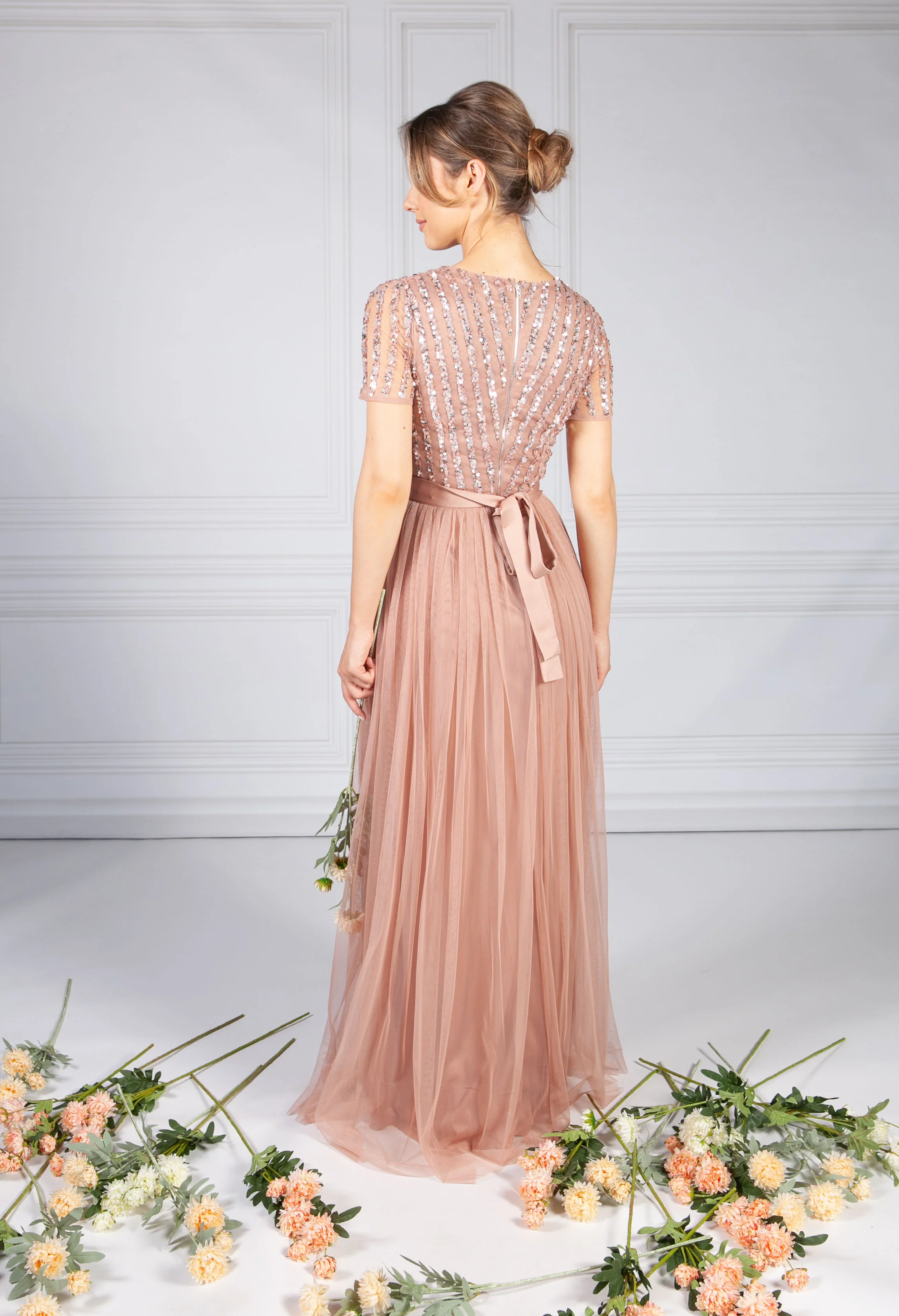 Blush V Neck Sequin and Tulle Dress with Tie Waist - Image 4