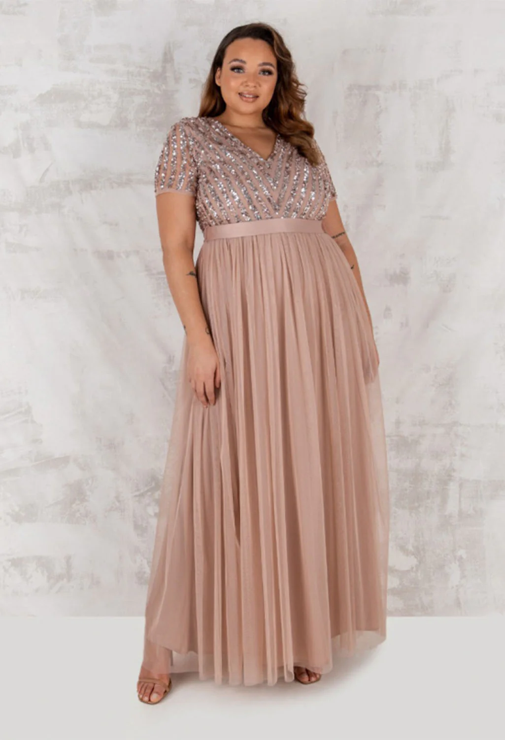 Blush V Neck Sequin and Tulle Dress with Tie Waist - Image 6
