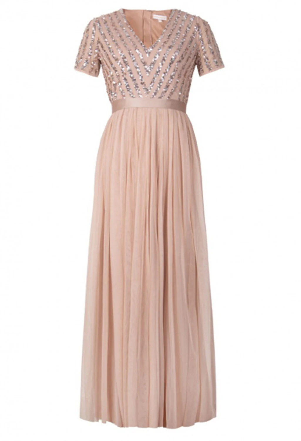 Blush V Neck Sequin and Tulle Dress with Tie Waist - Image 8