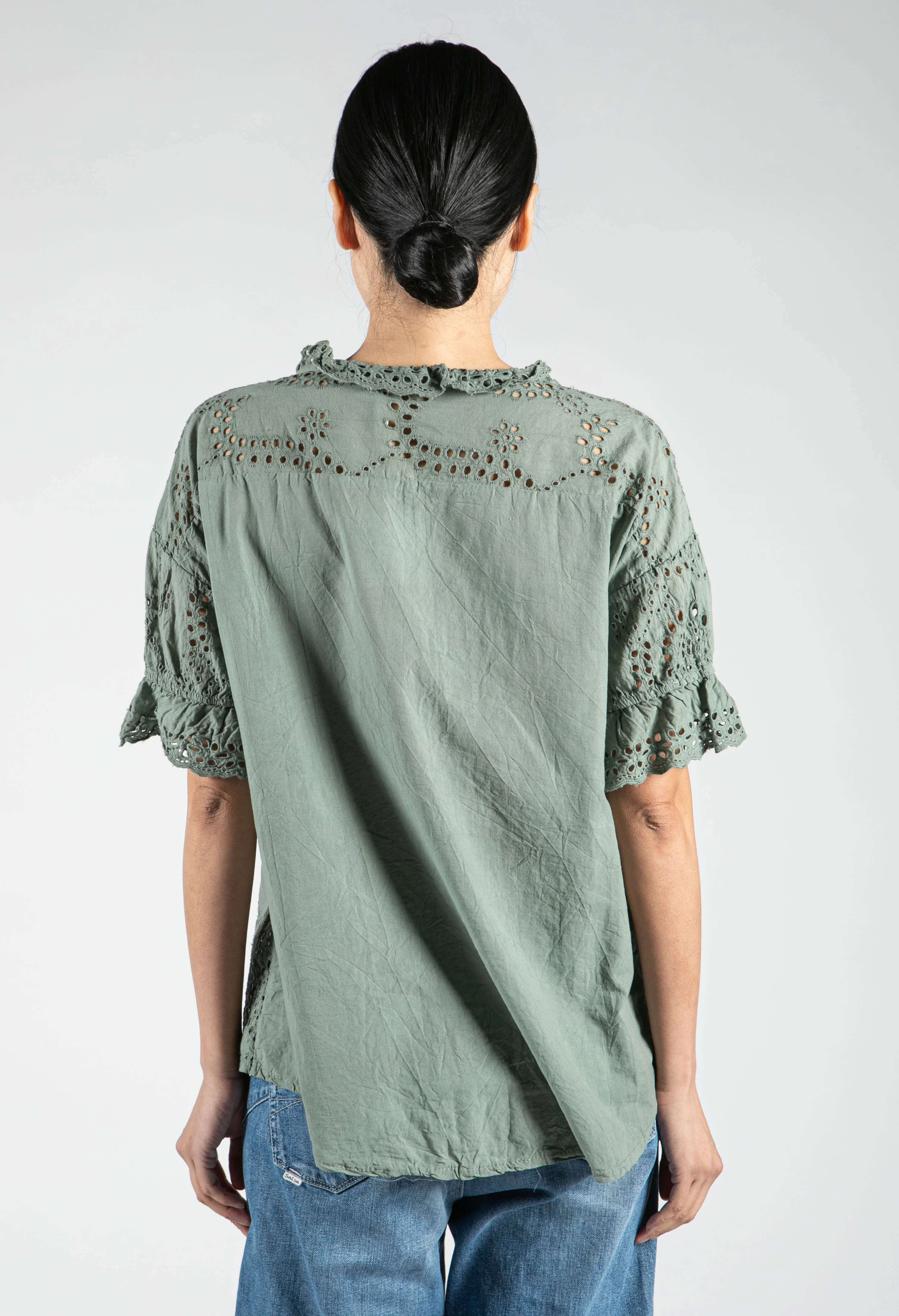 Embroidered Tie Hem Blouse in Khaki - Image 4