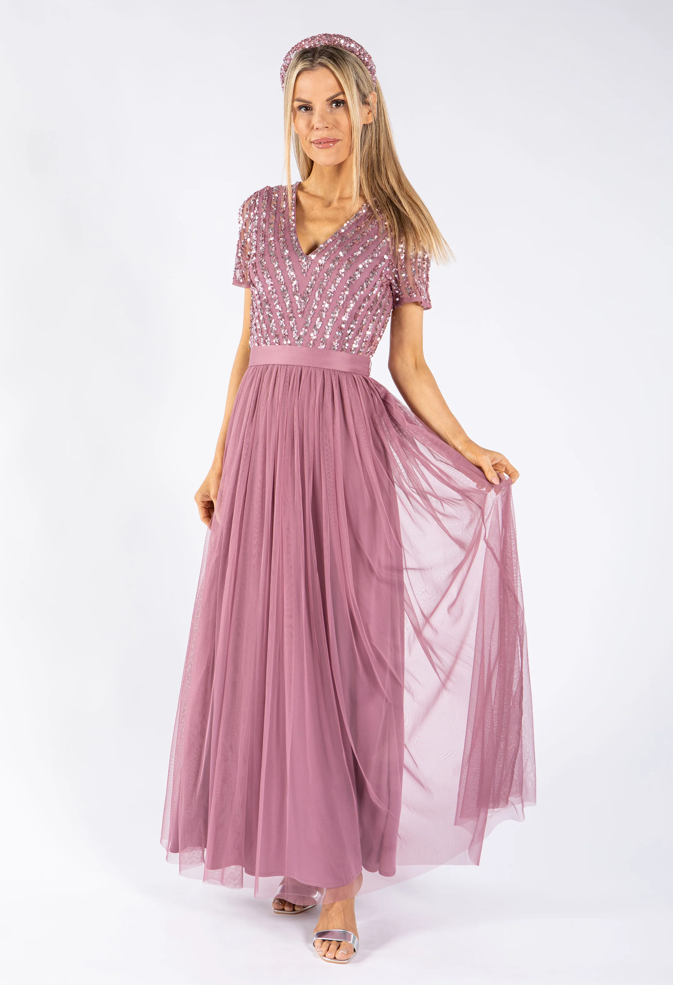 Lotus Pink V NECK SEQUIN AND TULLE DRESS WITH TIE WAIST - Image 8