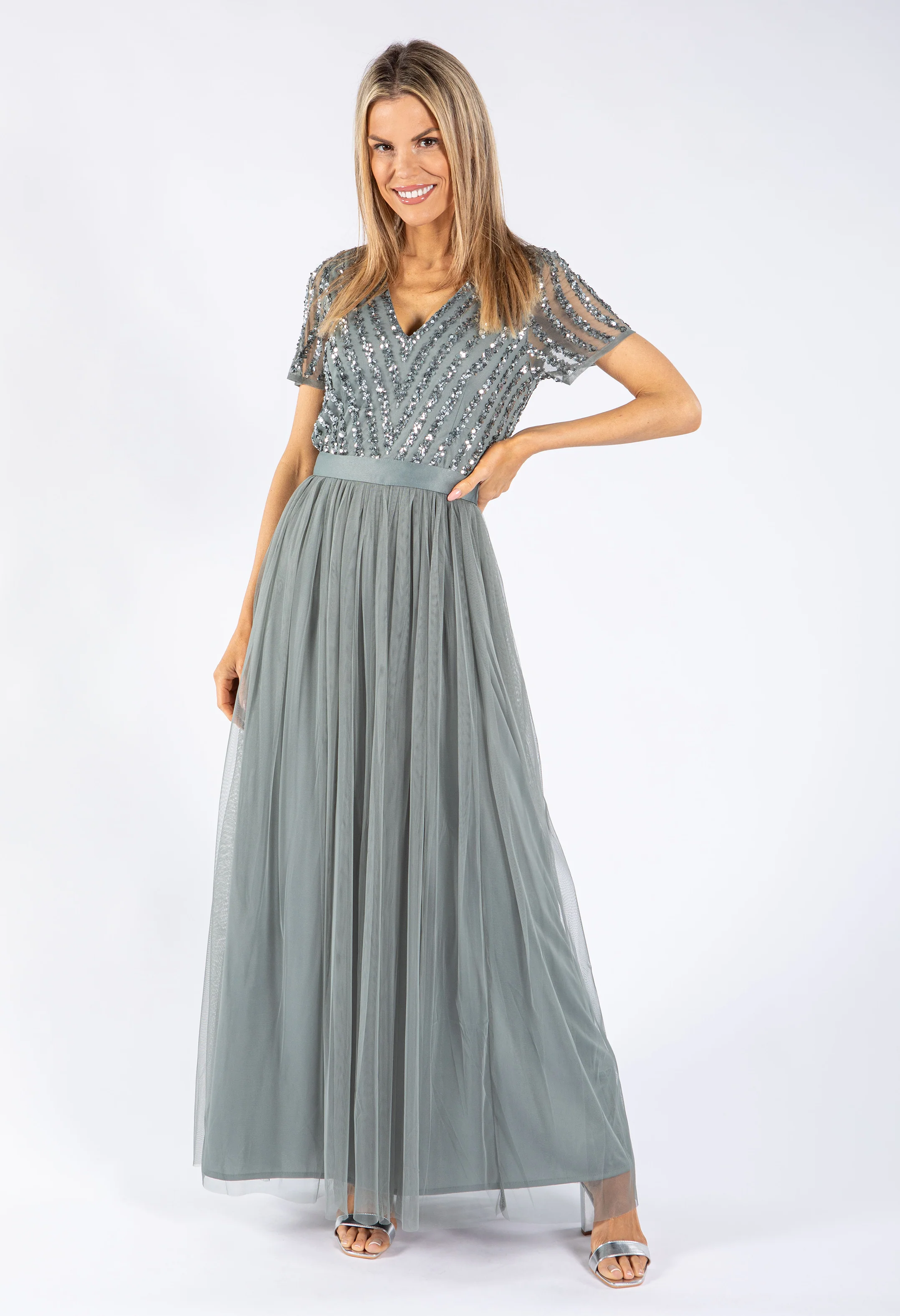 MISTY GREEN V NECK SEQUIN AND TULLE DRESS WITH TIE WAIST - Image 3