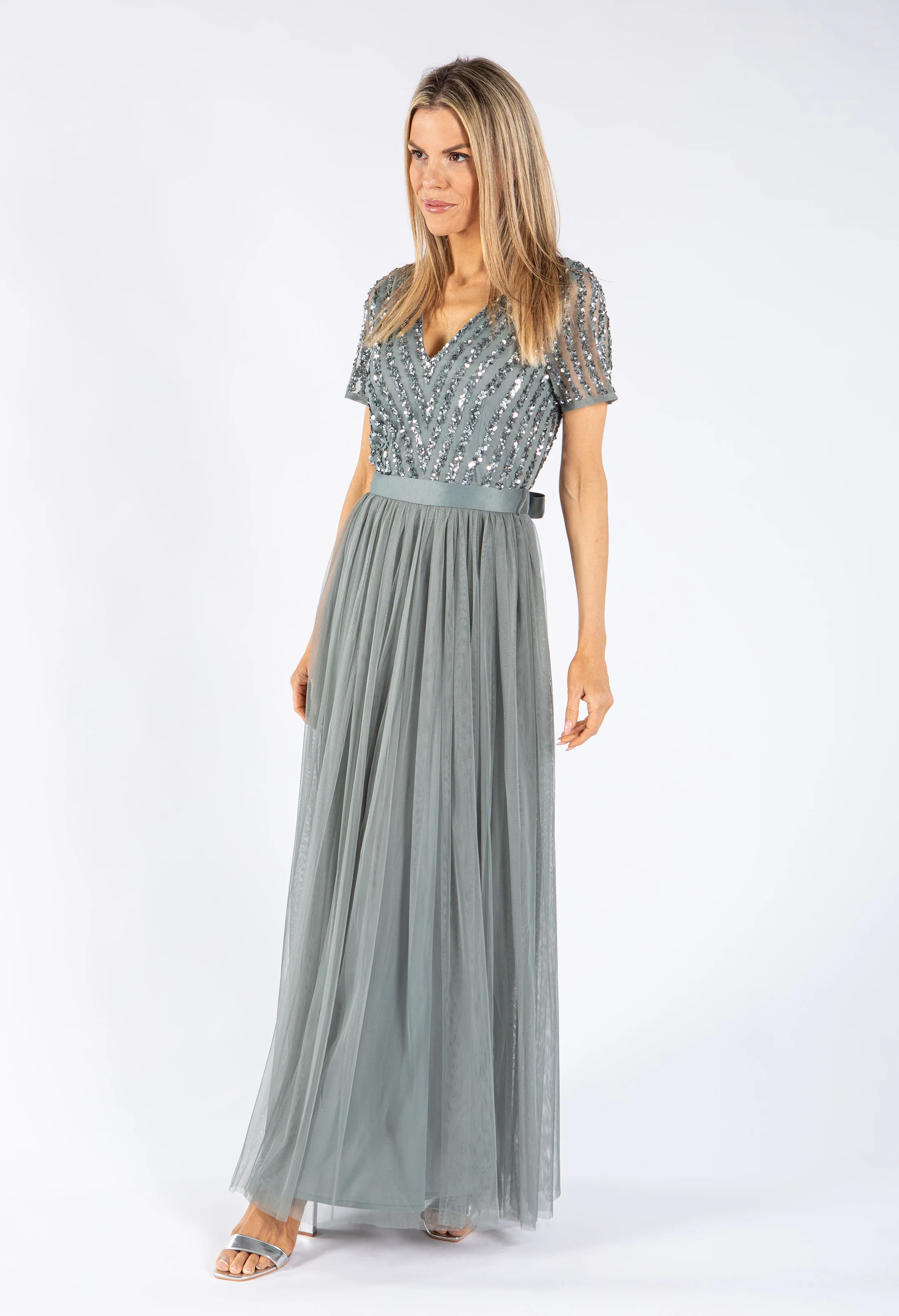 MISTY GREEN V NECK SEQUIN AND TULLE DRESS WITH TIE WAIST - Image 4