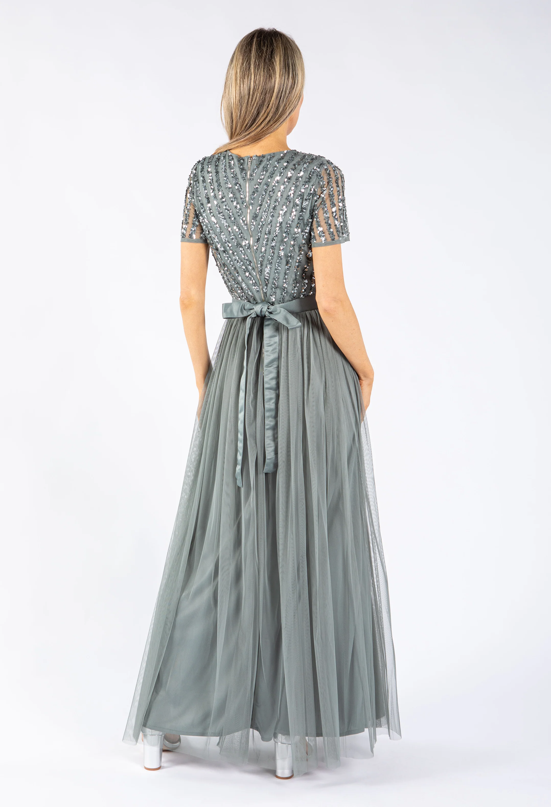 MISTY GREEN V NECK SEQUIN AND TULLE DRESS WITH TIE WAIST - Image 5