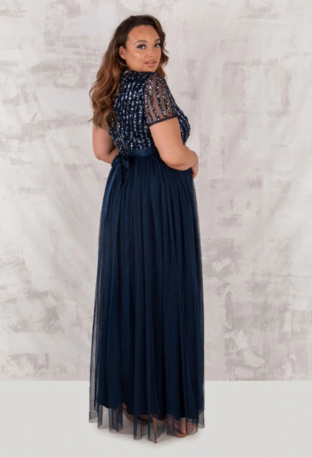 NAVY V NECK SEQUIN AND TULLE DRESS WITH TIE WAIST - Image 3
