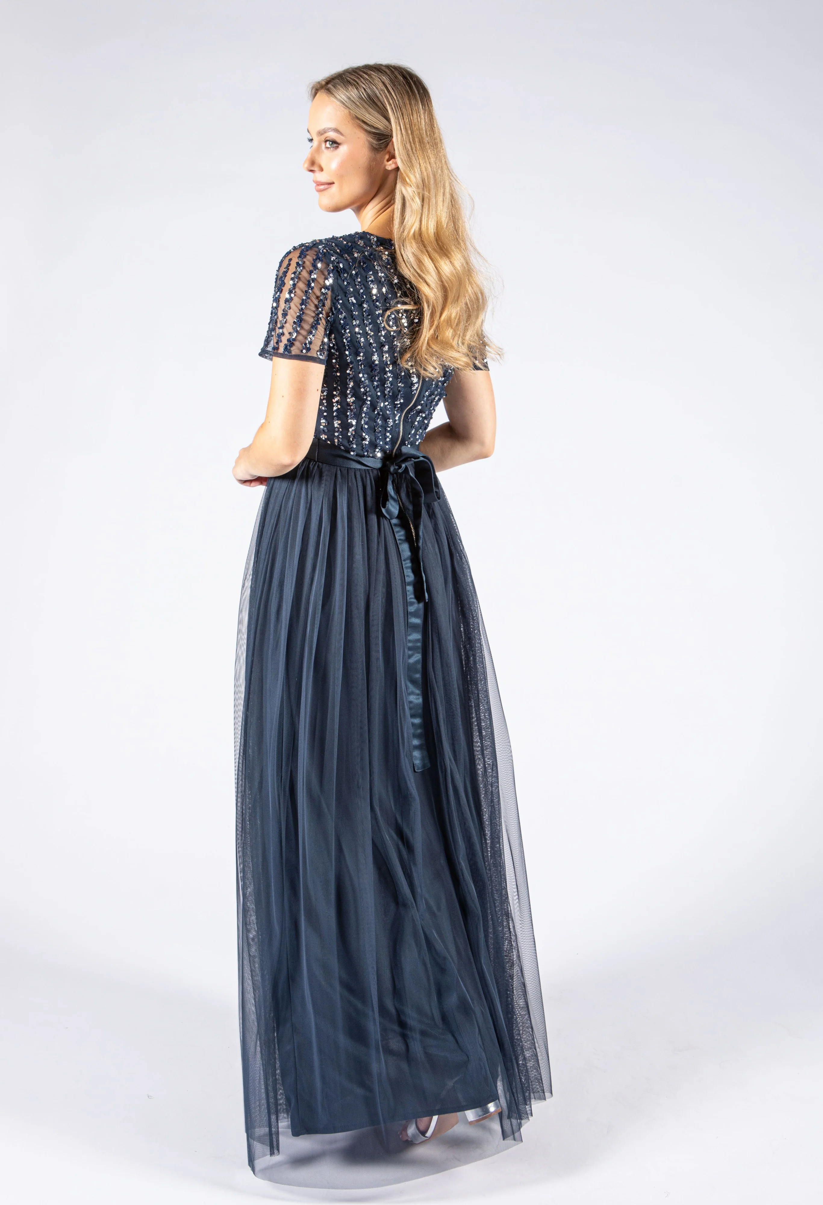 NAVY V NECK SEQUIN AND TULLE DRESS WITH TIE WAIST - Image 4
