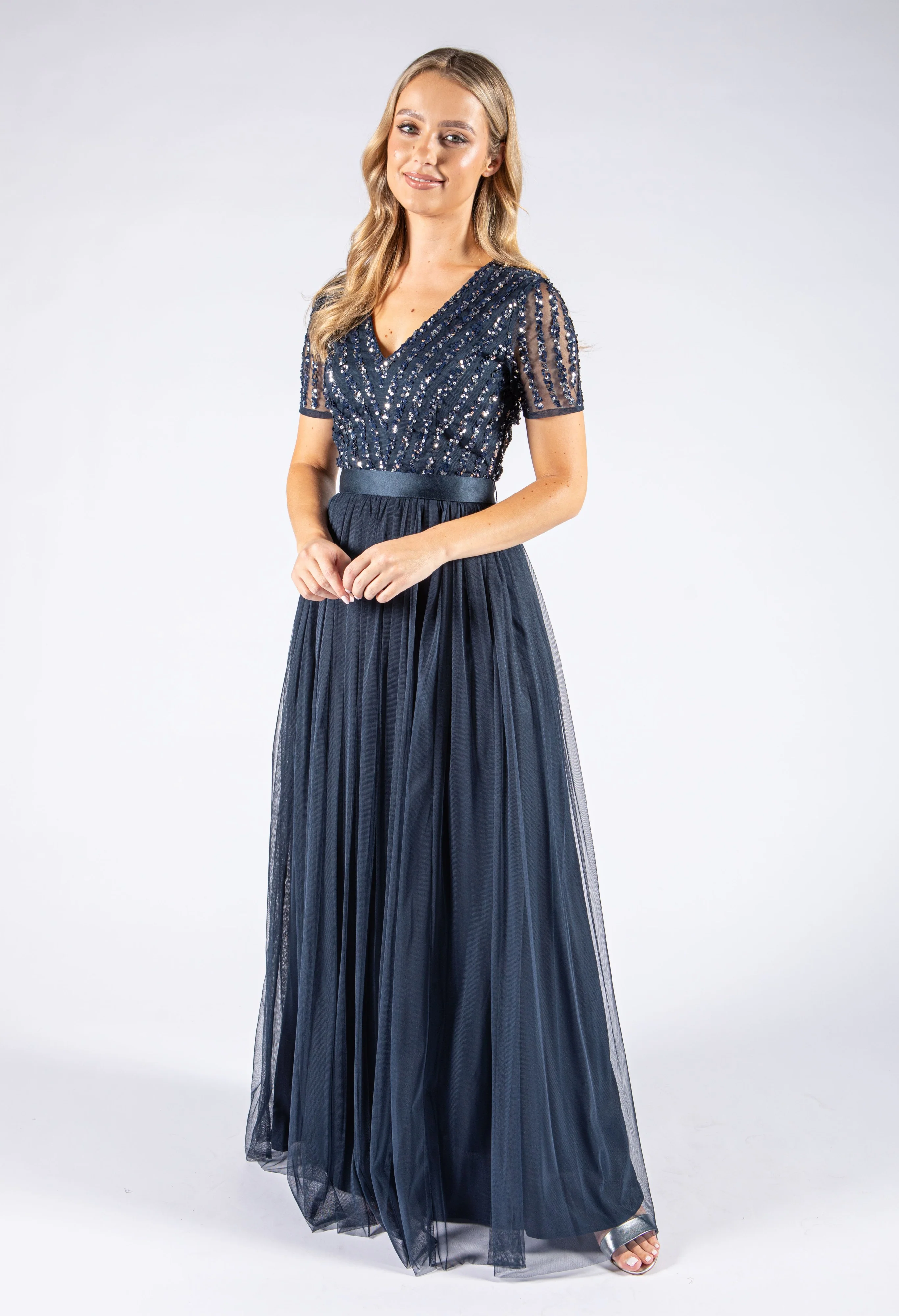 NAVY V NECK SEQUIN AND TULLE DRESS WITH TIE WAIST - Image 6