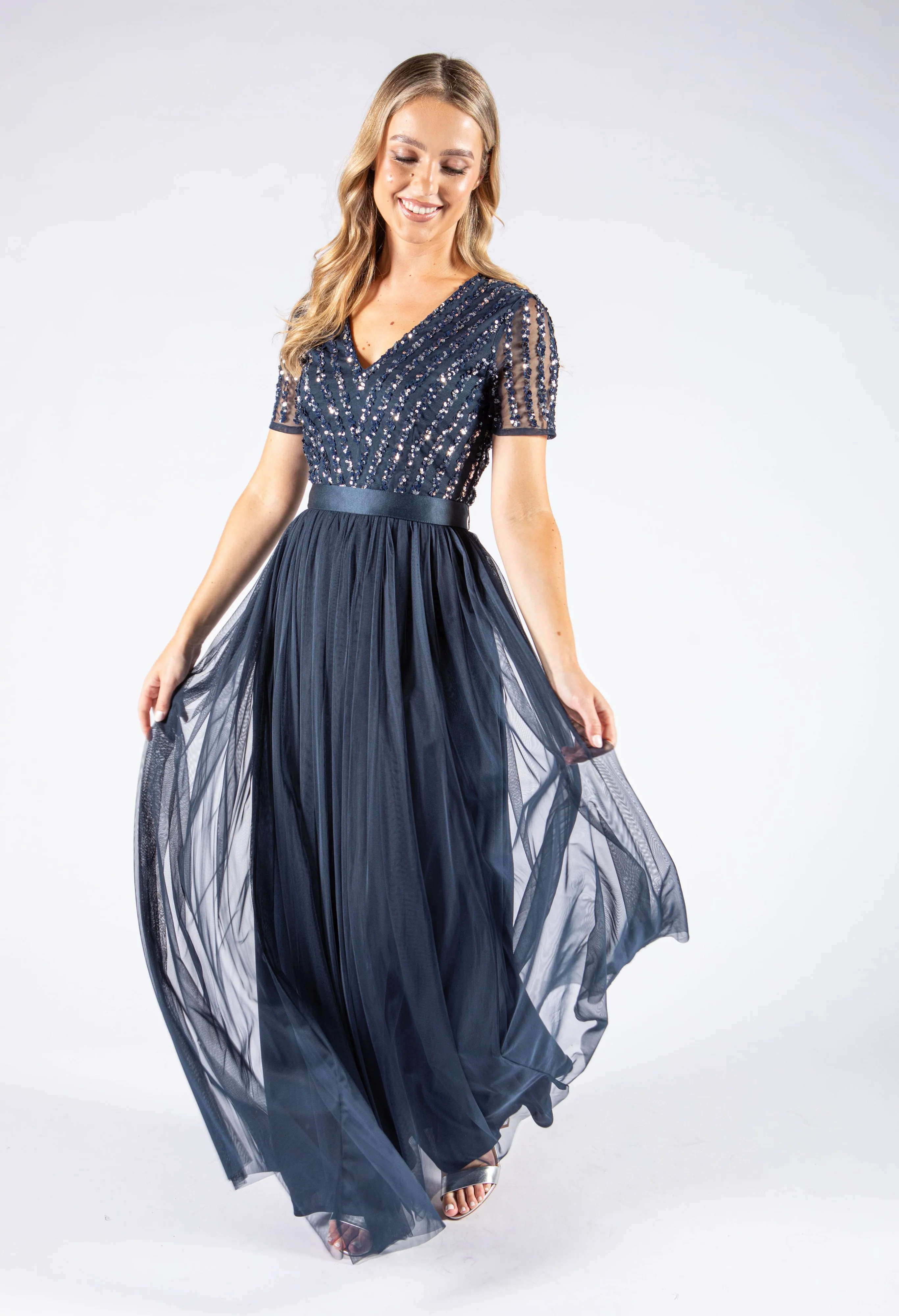 NAVY V NECK SEQUIN AND TULLE DRESS WITH TIE WAIST - Image 7
