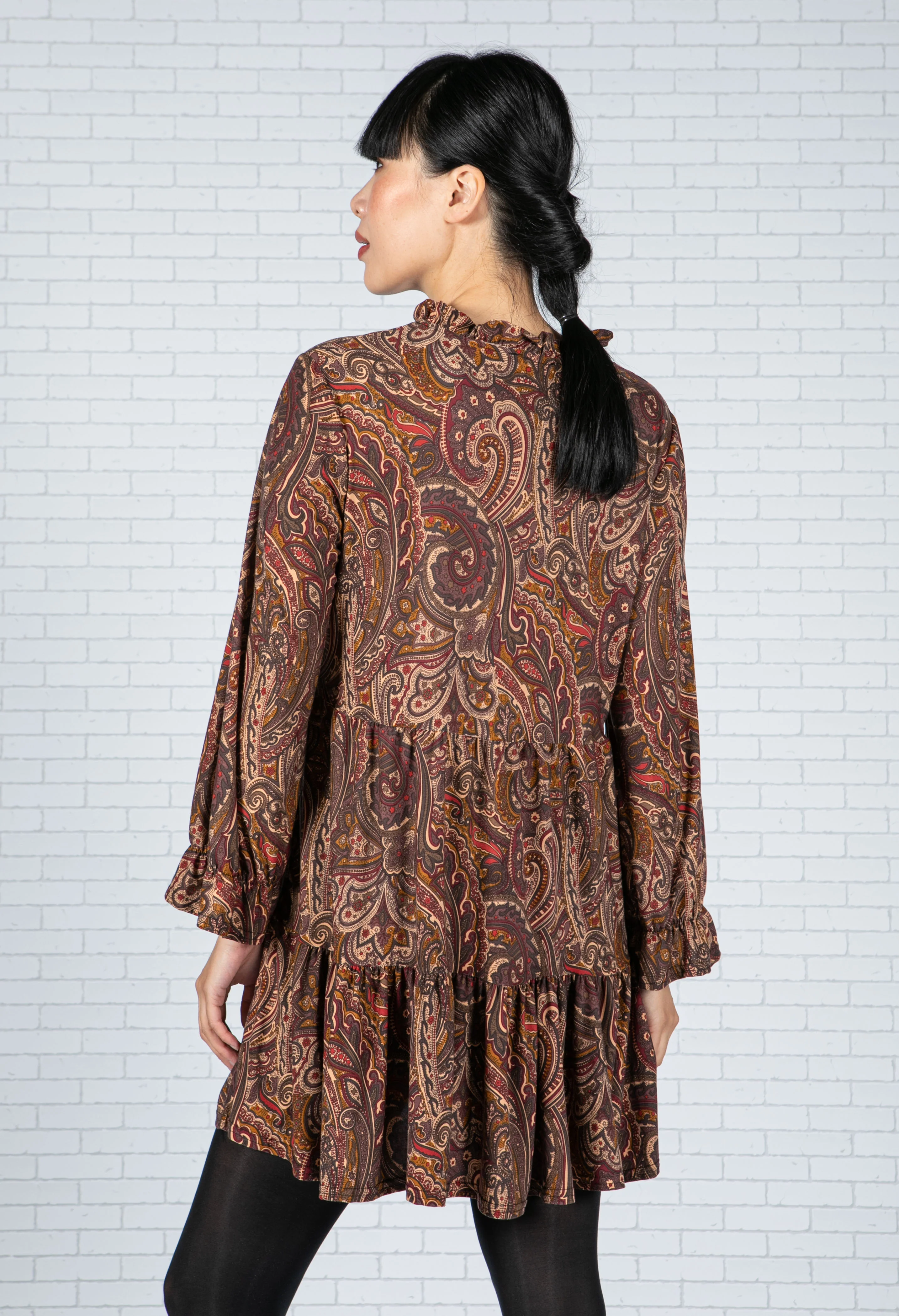 Paisley V-Neck Dress in Maroon - Image 3
