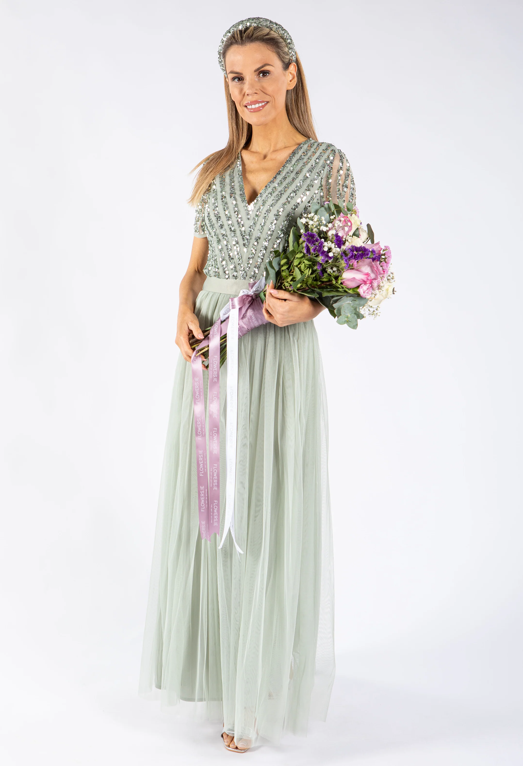 SAGE V NECK SEQUIN AND TULLE DRESS WITH TIE WAIST - Image 3