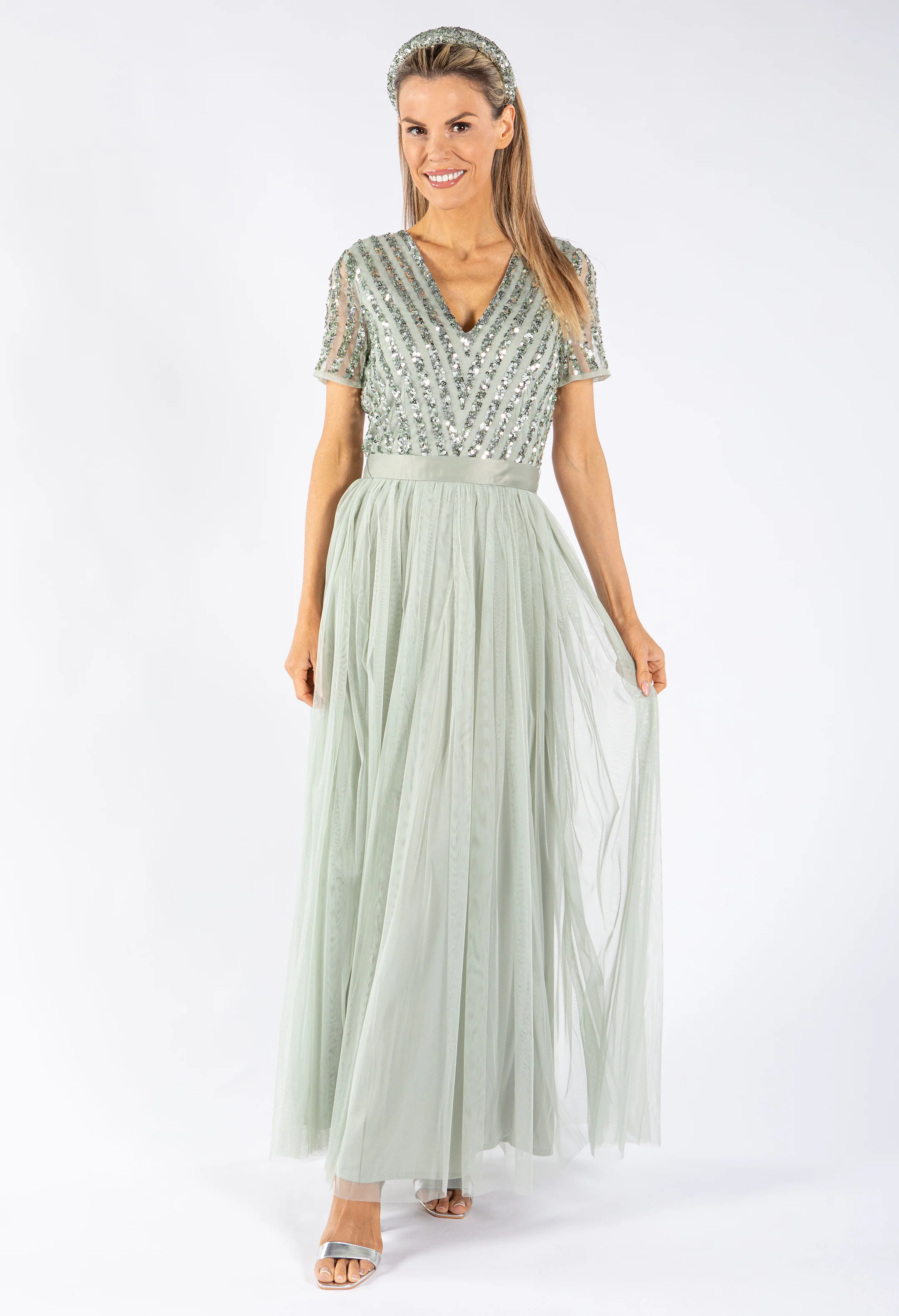 SAGE V NECK SEQUIN AND TULLE DRESS WITH TIE WAIST - Image 4