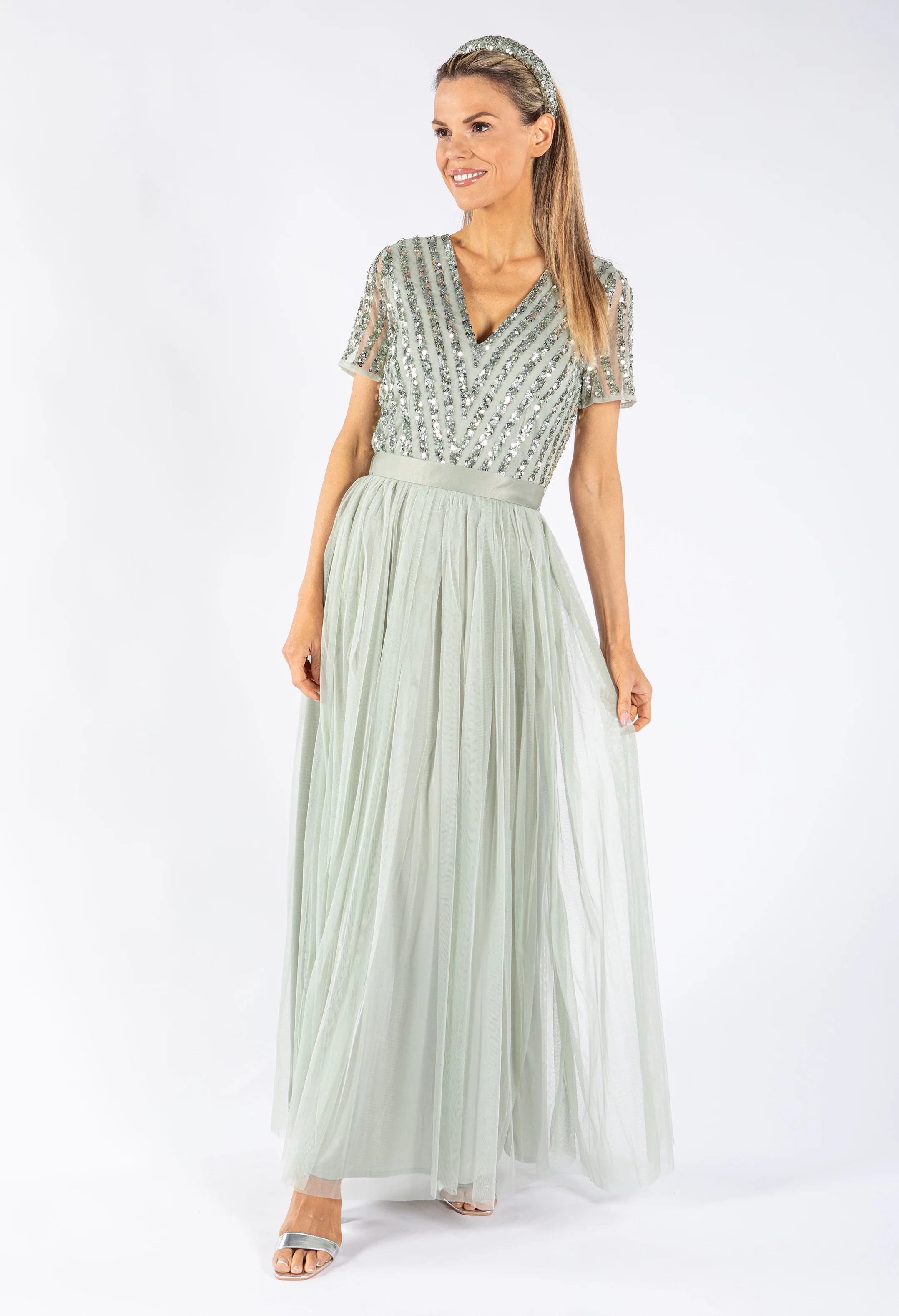 SAGE V NECK SEQUIN AND TULLE DRESS WITH TIE WAIST - Image 5