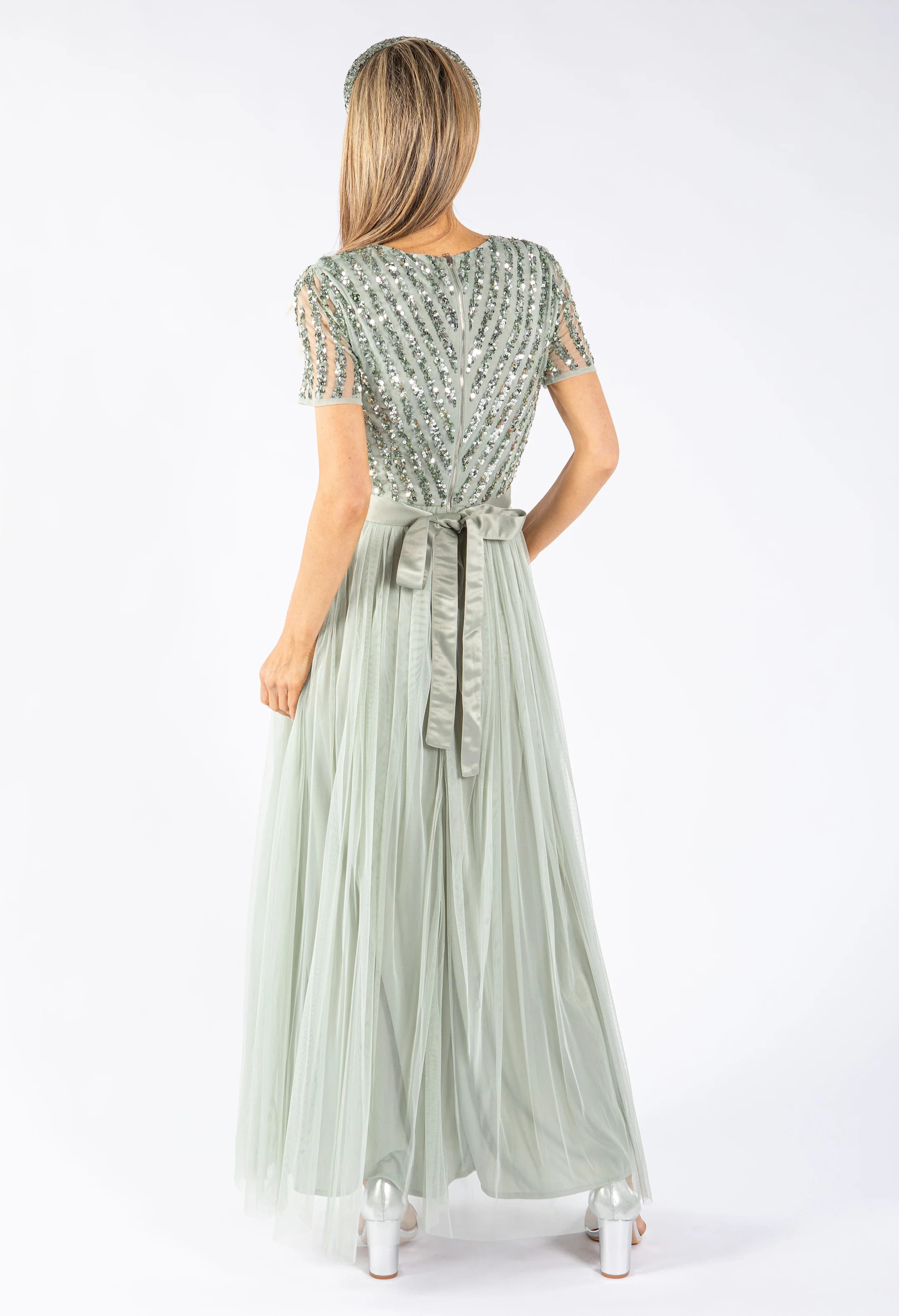 SAGE V NECK SEQUIN AND TULLE DRESS WITH TIE WAIST - Image 6