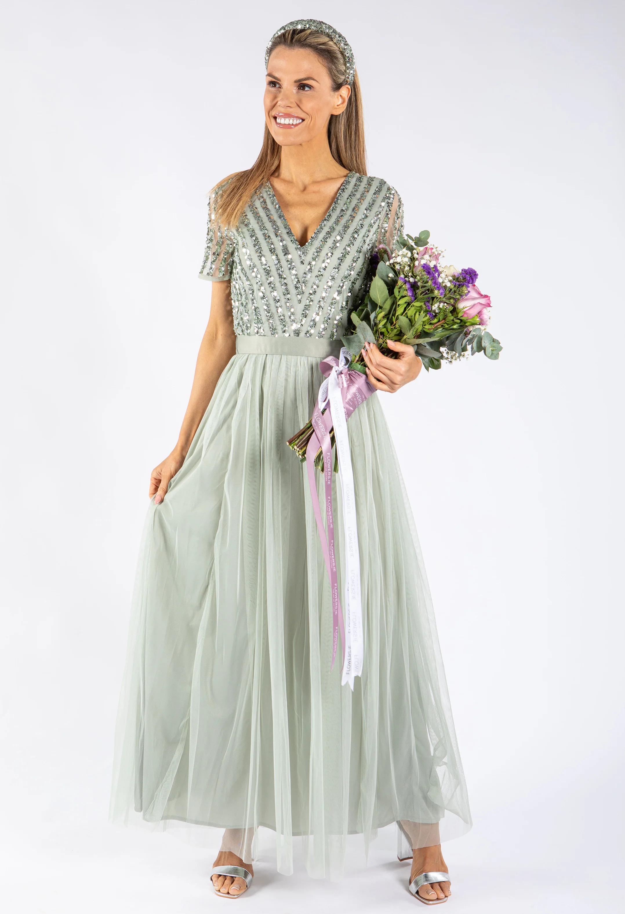 SAGE V NECK SEQUIN AND TULLE DRESS WITH TIE WAIST - Image 7