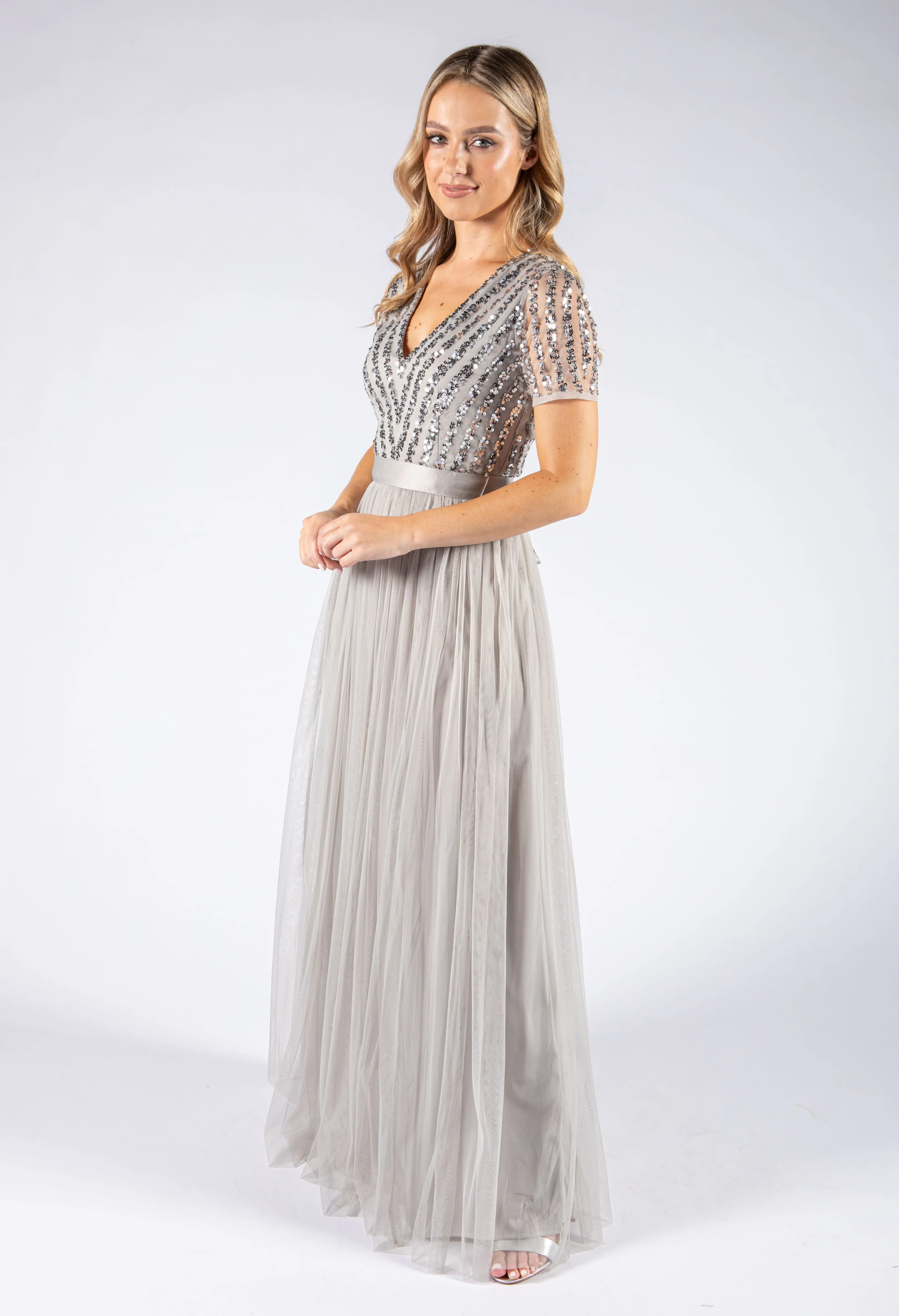 SOFT GREY V NECK SEQUIN AND TULLE DRESS WITH TIE WAIST - Image 3