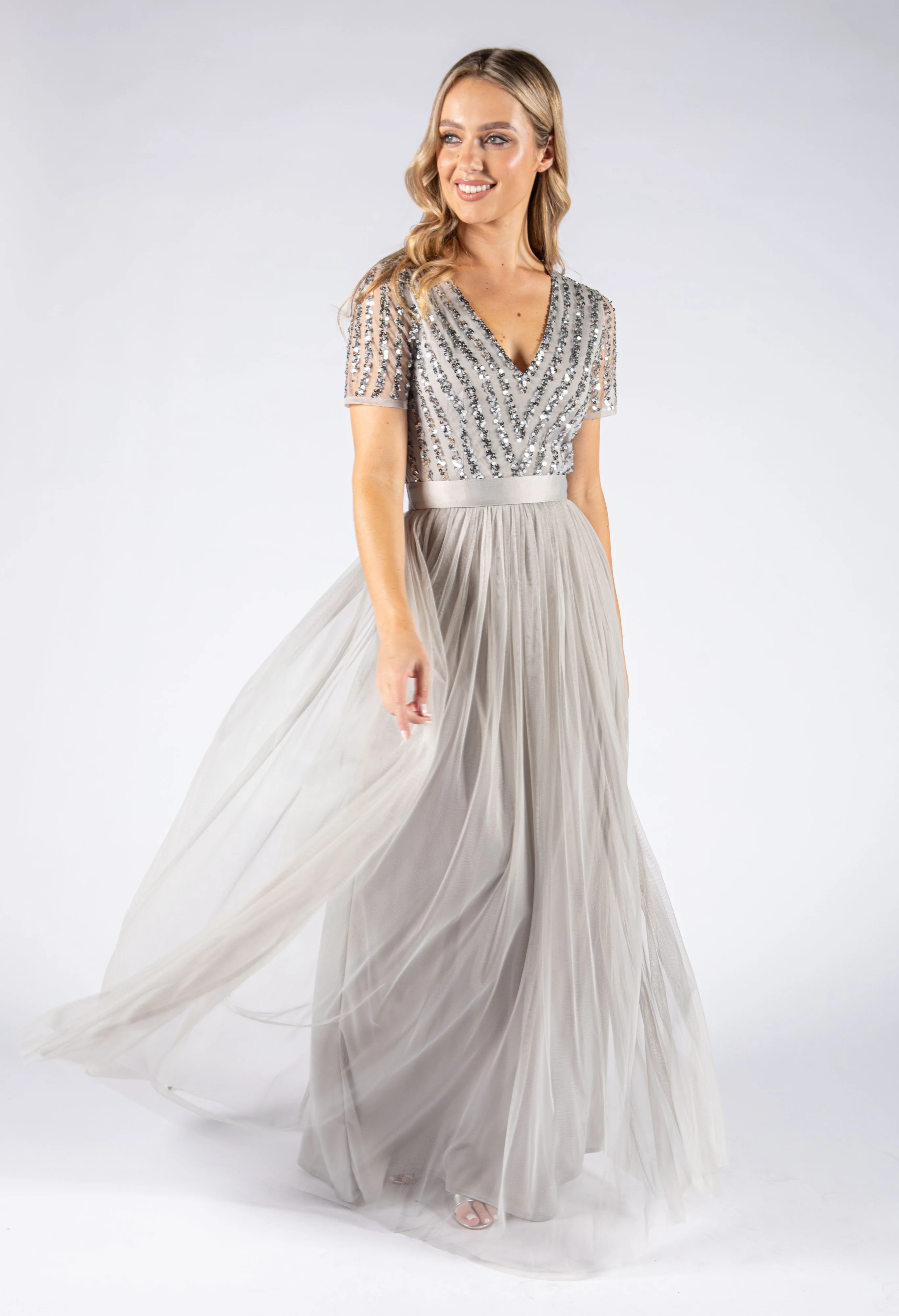 SOFT GREY V NECK SEQUIN AND TULLE DRESS WITH TIE WAIST - Image 5
